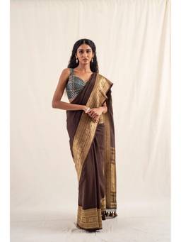 PRIYANKA RAAJIV - Burma Brown Silk Georgette Banarasi Saree with Unstitched Blouse