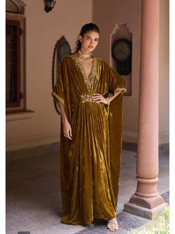 DOHR INDIA - Gulzar Mustard Velvet Handcrafted Kaftan Dress