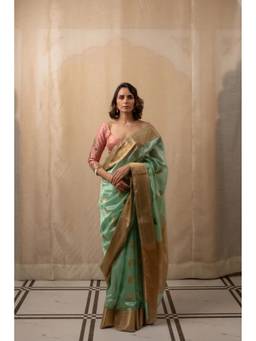 PRIYANKA RAAJIV - Deepa Green Silk Chanderi Saree with Unstitched Blouse