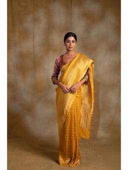 PRIYANKA RAAJIV - Gudi Cananry Yellow Silk Georgette Banarasi Saree with Unstitched Blouse