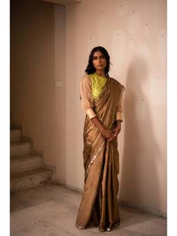 PRIYANKA RAAJIV - Hiranya Antique Gold Silk Chanderi Tissue Saree with Unstitched Blouse
