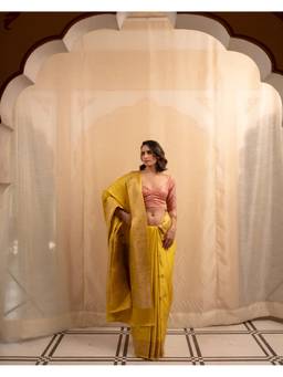 PRIYANKA RAAJIV - Heera Yellow Satin Silk Banarasi Saree with Unstitched Blouse