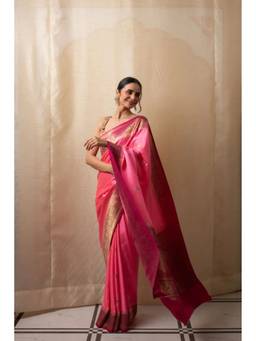 PRIYANKA RAAJIV - Heera Pink Satin Silk Banarasi Saree with Unstitched Blouse