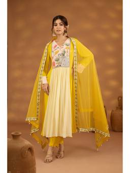 ISHA GUPTA TAYAL - Yellow Sunehri Anarkali With Pant And Dupatta