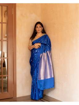 PRIYANKA RAAJIV - Ishani Blue Silk Mashroo Banarasi Saree with Unstitched Blouse