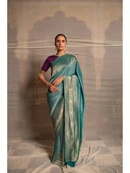 PRIYANKA RAAJIV - Jaishree Teal Silk Brocade Banarasi Saree with Unstitched Blouse