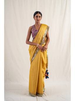 PRIYANKA RAAJIV - Janpath Yellow Silk Chanderi Saree with Unstitched Blouse
