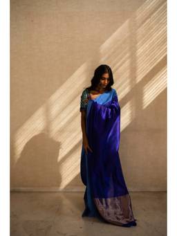 PRIYANKA RAAJIV - Kaiya Indigo Blue Silk Chanderi Saree with Unstitched Blouse