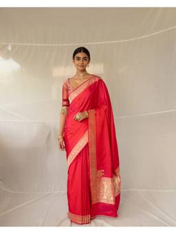 PRIYANKA RAAJIV - Kalamayi Red Silk Mashroo Banarasi Saree with Unstitched Blouse
