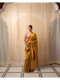 PRIYANKA RAAJIV - Kanchan Mustard Yellow Silk Banarasi Saree with Unstitched Blouse
