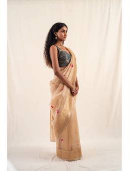 PRIYANKA RAAJIV - Laad Beige Silk Banarasi Organza Saree with Unstitched Blouse