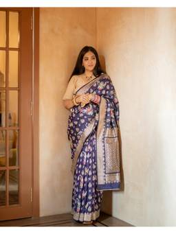 PRIYANKA RAAJIV - Mati Bonnet Blue Silk Banarasi Saree with Unstitched Blouse