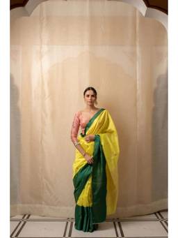 PRIYANKA RAAJIV - Mohi Lime Yellow Silk Chanderi Saree with Unstitched Blouse