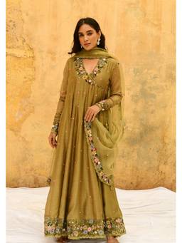 Label Niti Bothra - Olive Green Orchid Overlap Anarkali with Pant and Dupatta