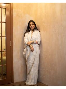 PRIYANKA RAAJIV - Ojasvi Ivory Georgette Silk Mukaish Saree with Unstitched Blouse