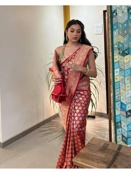 PRIYANKA RAAJIV - Padmalaya Red Katan Silk Banarasi Saree with Unstitched Blouse