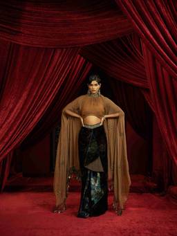Sonia Baderia - Printed Velvet Drape Skirt with Ruched Halter Blouse and Flowy Dupatta Cape