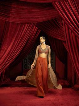 Sonia Baderia - Crimson Red Quilted Blouse with Box Pleated Pants and Cape