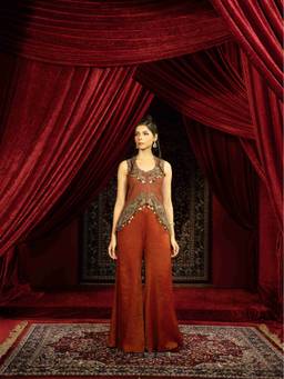 Sonia Baderia - Crimson Red Peplum Kurta and Pant with Quilted Beaded Jacket