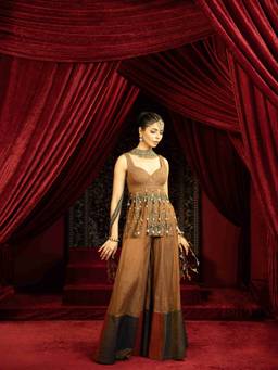 Sonia Baderia - Walnut Brown Peplum Kurta with Sharara Pant