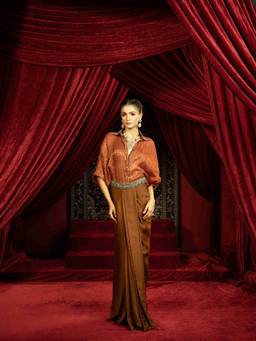 Sonia Baderia - Mocha Mousse Drape Dhoti Skirt with Rust Boho Shirt