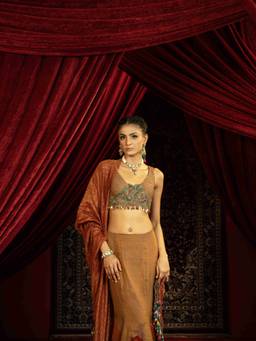 Sonia Baderia - Tan Brown Fishcut Lehenga with Quilted Beaded Blouse and Striped Dupatta