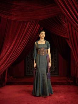 Sonia Baderia - Teal Blue Fishcut Skirt with Quilted Blouse, Embroidered Belt and Ombre Dupatta