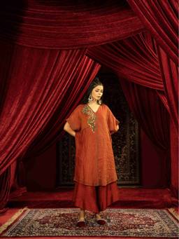Sonia Baderia - Crimson Red Kaftan Kurta with Flared Asymmetric Pants