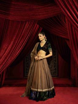 Sonia Baderia - Brown Tissue Lehenga And Velvet Blouse With Striped Dupatta