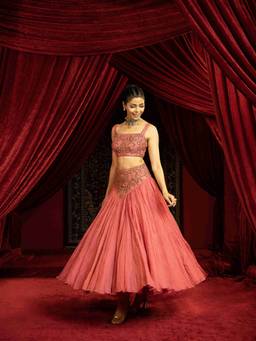Sonia Baderia - Candy Pink Full-Flared Skirt With Metal Embroidered Bustier and Belt