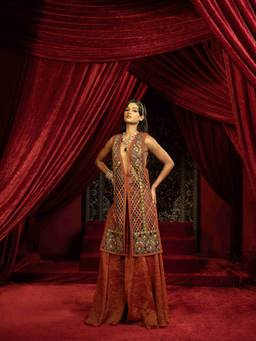 Sonia Baderia - Multicolour Jalidar Embroidered Long Jacket with Crimson Sharara Pants