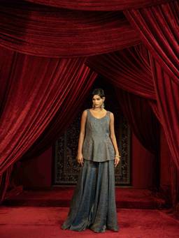 Sonia Baderia - Midnight Blue Quilted Peplum Kurta with Sharara Pant