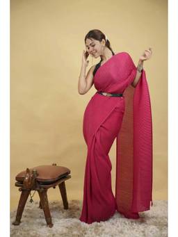 Isadora Life - Pink crushed pleated semi silk Ready To Wear Saree with Unstitched Blouse