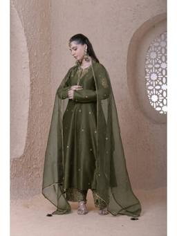 Label Niti Bothra - Rangrez Olive Anarkali with Pant and Dupatta