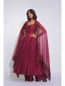 Shruti S - Burgundy Anarkali Kurta and Palazzo with Dupatta
