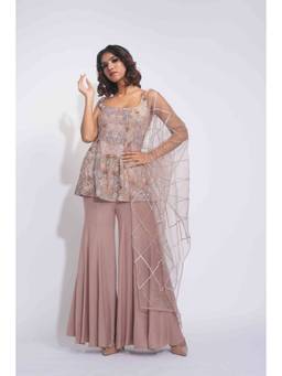 Shruti S - Rose Gold Hand embroidered Sharara with Peplum Kurta with Dupatta