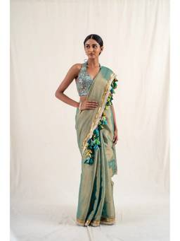 PRIYANKA RAAJIV - Sireh Green Silk Chanderi Tissue Saree with Unstitched Blouse