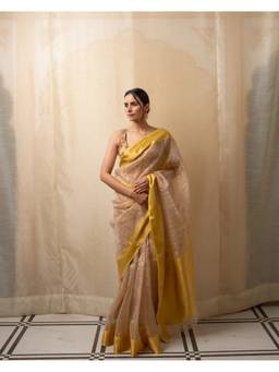 PRIYANKA RAAJIV - Sonara Beige Gold Silk Chanderi Saree with Unstitched Blouse