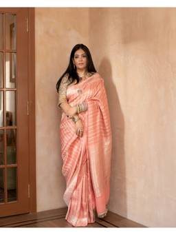 PRIYANKA RAAJIV - Vasanti Coral Georgette Silk Banarasi Saree with Unstitched Blouse
