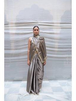 PRIYANKA RAAJIV - Kamala Vintage Silver Silk Chanderi Tissue Saree with Unstitched Blouse