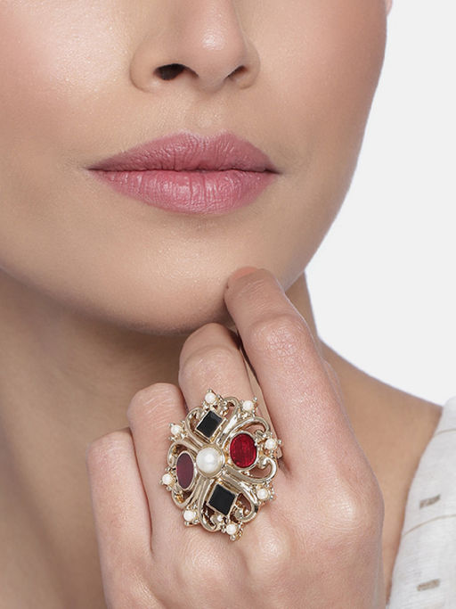 Estele Gold Plated Beautiful Ring with Multi Crystal for Women