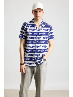 FREAKINS - Blue Fish Print Mens Resort Shirt