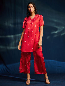 Pink Fort - Satin Bandhani Printed Half Sleeves Red Co-Ord (Set of 2)