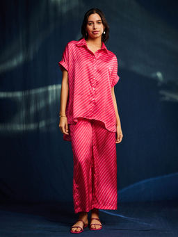 Pink Fort - Satin Bandhani Printed Half Sleeves Pink Co-Ord (Set of 2)