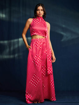 Pink Fort - Satin Bandhani Printed Sleeveless Pink Skirt (Set of 2)