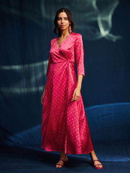 Pink Fort - Satin Bandhani Printed Three Fourth Sleeves Pink Maxi Dress