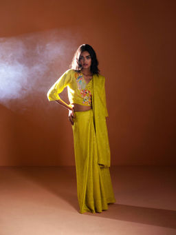 OJA - Yellow Embroidered Saree with Stitched Blouse