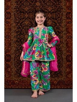 THE PONY & PEONY CO. - Green Floral Kurta with Palazzo and Dupatta
