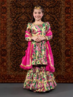 THE PONY & PEONY CO. - Green Floral Kurta with Palazzo and Dupatta