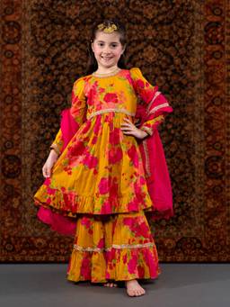 THE PONY & PEONY CO. - Mustard Floral Kurta with Palazzo and Dupatta